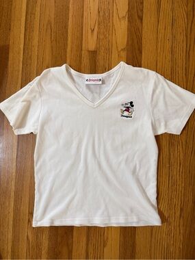 Vintage Disney White V-Neck Kids Tee with Small Mickey Embroidery 80s